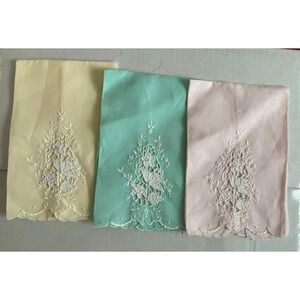 3 VTG Madeira Pastel Linen Guest Towels Applique Organdy Flower & Bows